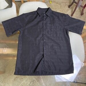 George Button-Up Shirt Textured Checkered Short Sleeve Casual‎ Black M